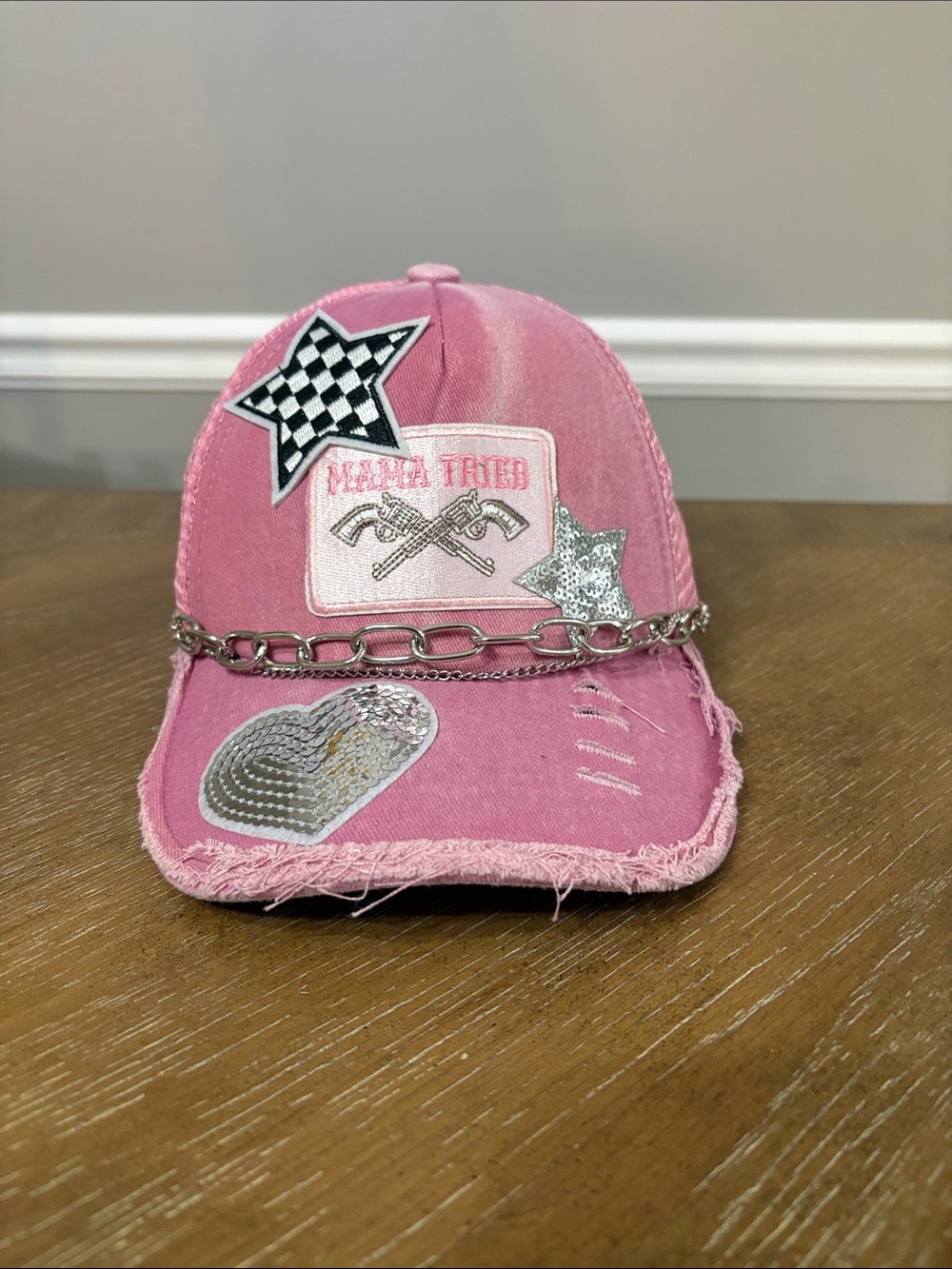 Pink Distressed Patch Baseball Cap